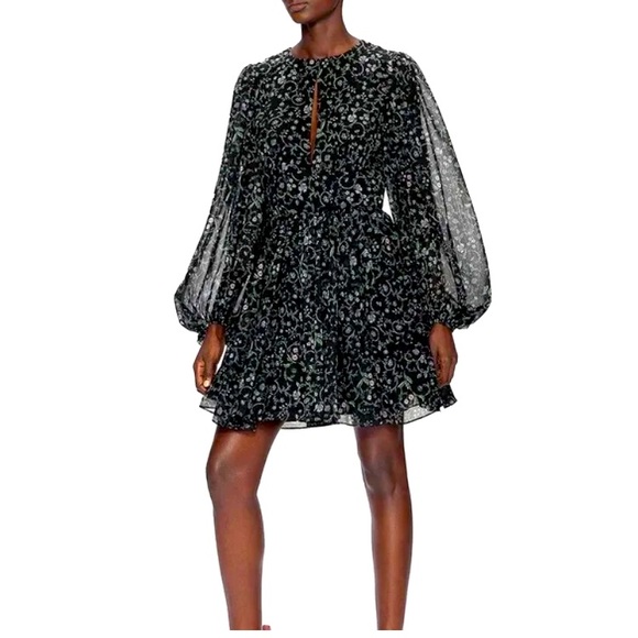 Ted Baker London Women's Dark Floral Mini Dress Small Sheer Ballon Sleeve - Picture 3 of 17